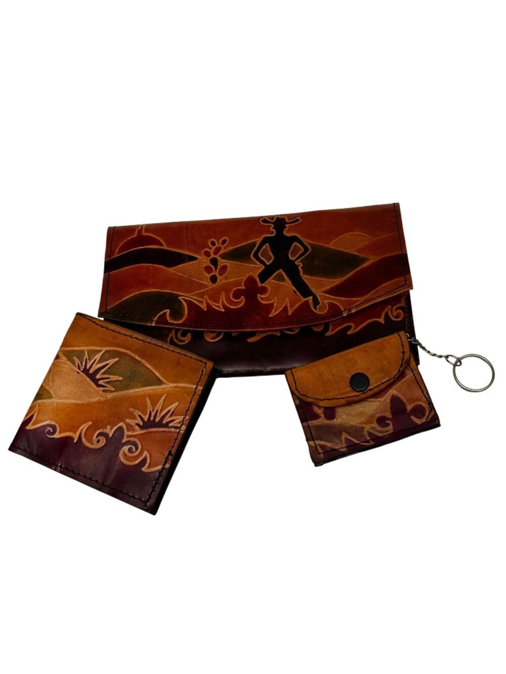 Artisan Handcrafted Leather VTG Wallet Clutch Keychain Set of 3 Scenic Western D